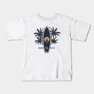 Summer, Sunset, Surfboard And Palms. Double Exposure Style Kids T-Shirt